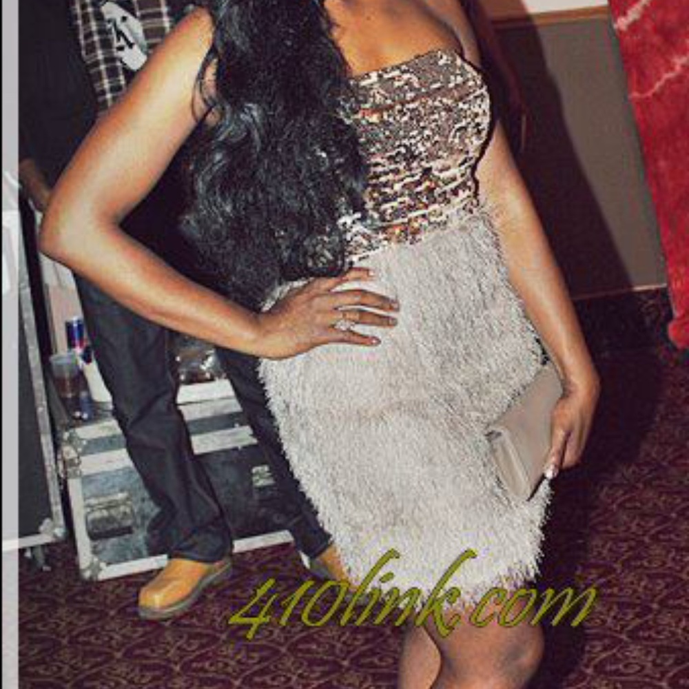 Gold Sequin and Beige Feathers Strapless Dress